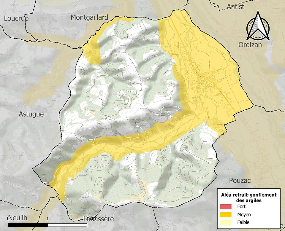 Carte des zones d'aléa retrait-gonflement des sols argileux de Trébons.